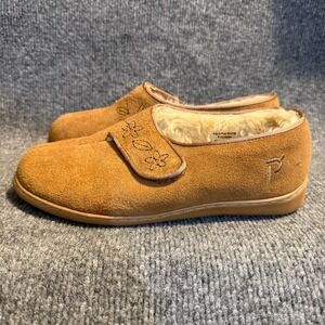 Propet Shoes Womens 8 Suede Faux Fur Slippers Embroidered Casual Indoor Outdoor